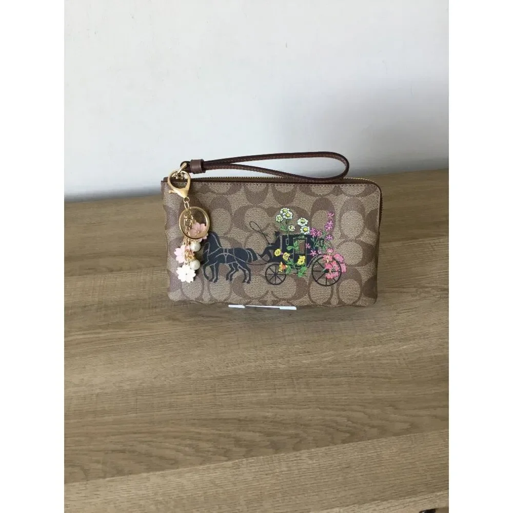 Coach Horse and Carriage Floral Print Signature Canvas Zip Wristlet & Bag Charm